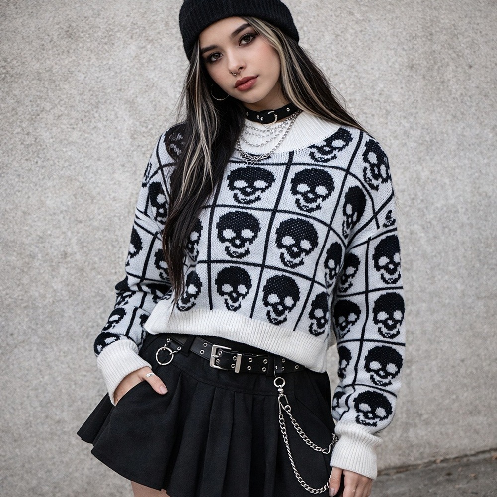 SHEIN Sz L Skull Print Cropped Sweater‎ Goth Whimsygoth Punk Streetwear